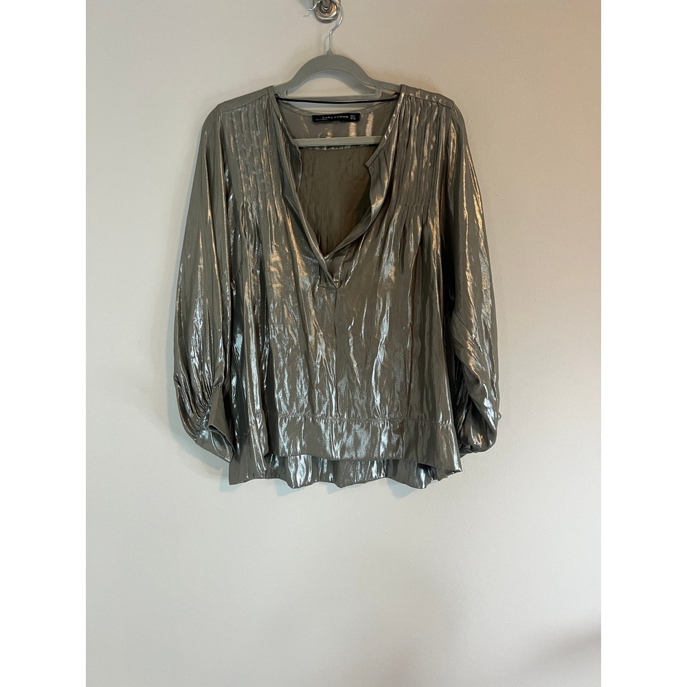 Zara Woman Metallic Silver Pintuck Pleated V-Neck Blouse Long Sleeve Size M